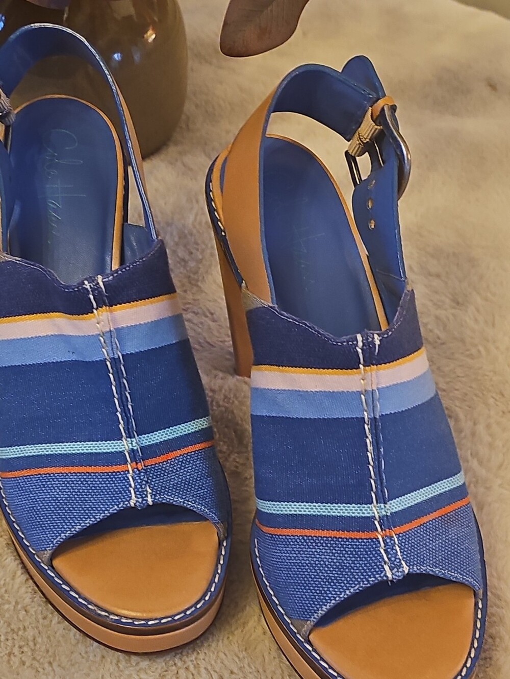 Cole Haan Blue Striped Peep-Toe Platform Heel Sandals.
